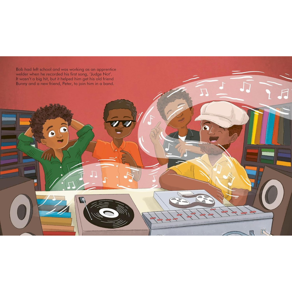 Illustration of children in a music studio with turntables and books.