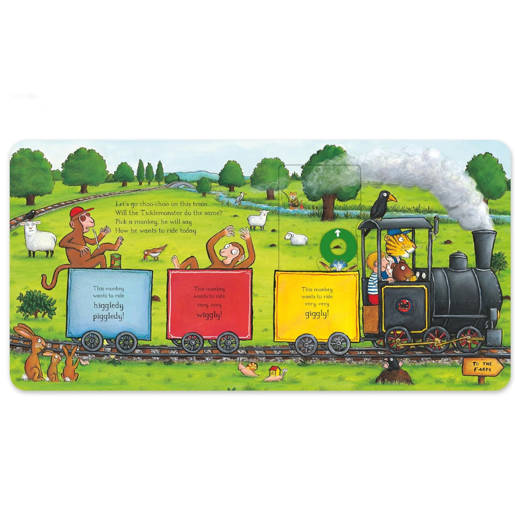 Children's book with a colorful train and animal characters on a green landscape.