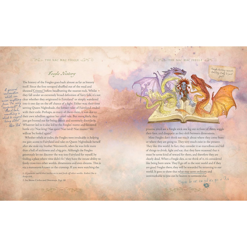 Book page with dragons and text on a pastel background
