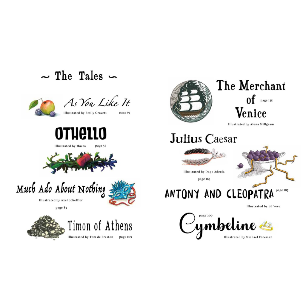 Illustrated book covers of various Shakespeare plays on a white background