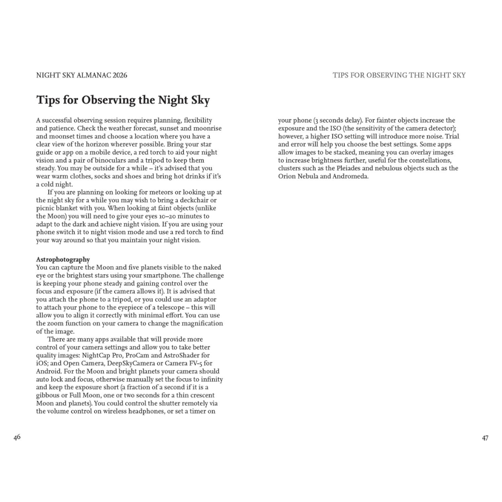 Page from a book or magazine titled 'Tips for Observing the Night Sky' with text on observing the night sky.