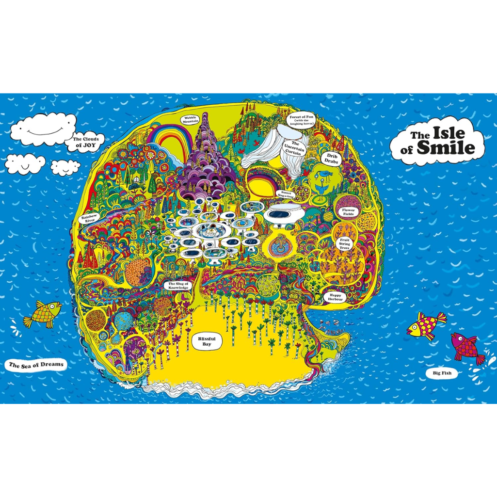 Colorful map of 'The Isle of Smile' with various symbols and text on a blue background.