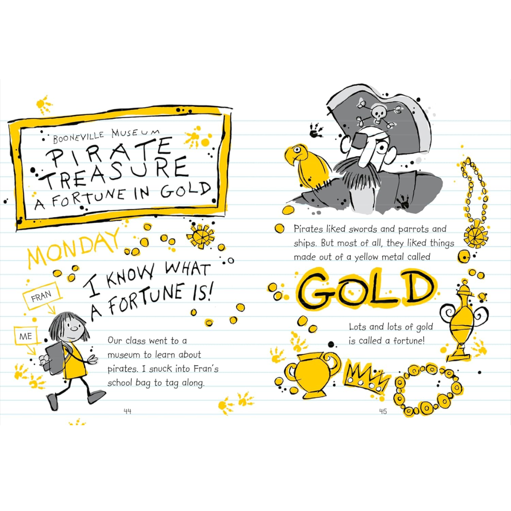 Illustrated children's book page about pirates and gold, featuring text and graphics on a white background.
