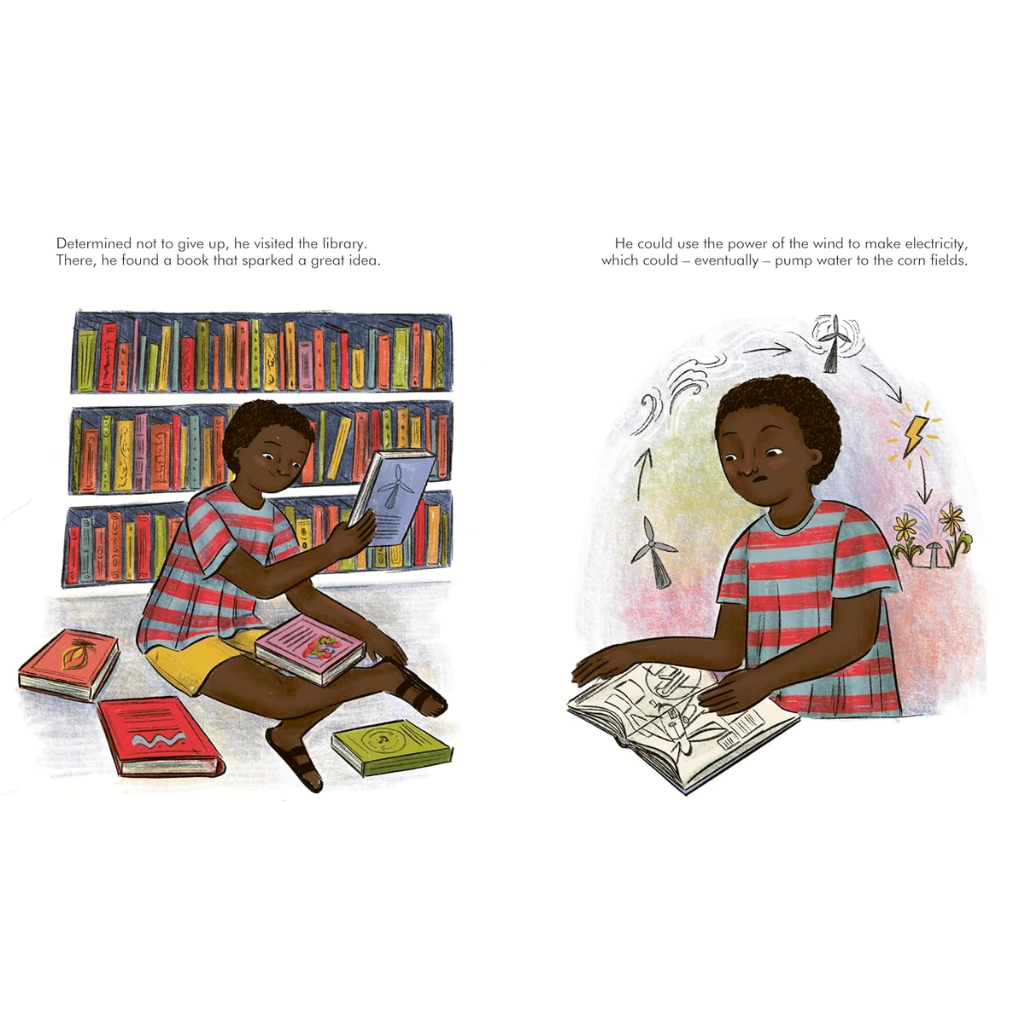 Illustration of a child reading a book with books on shelves in the background
