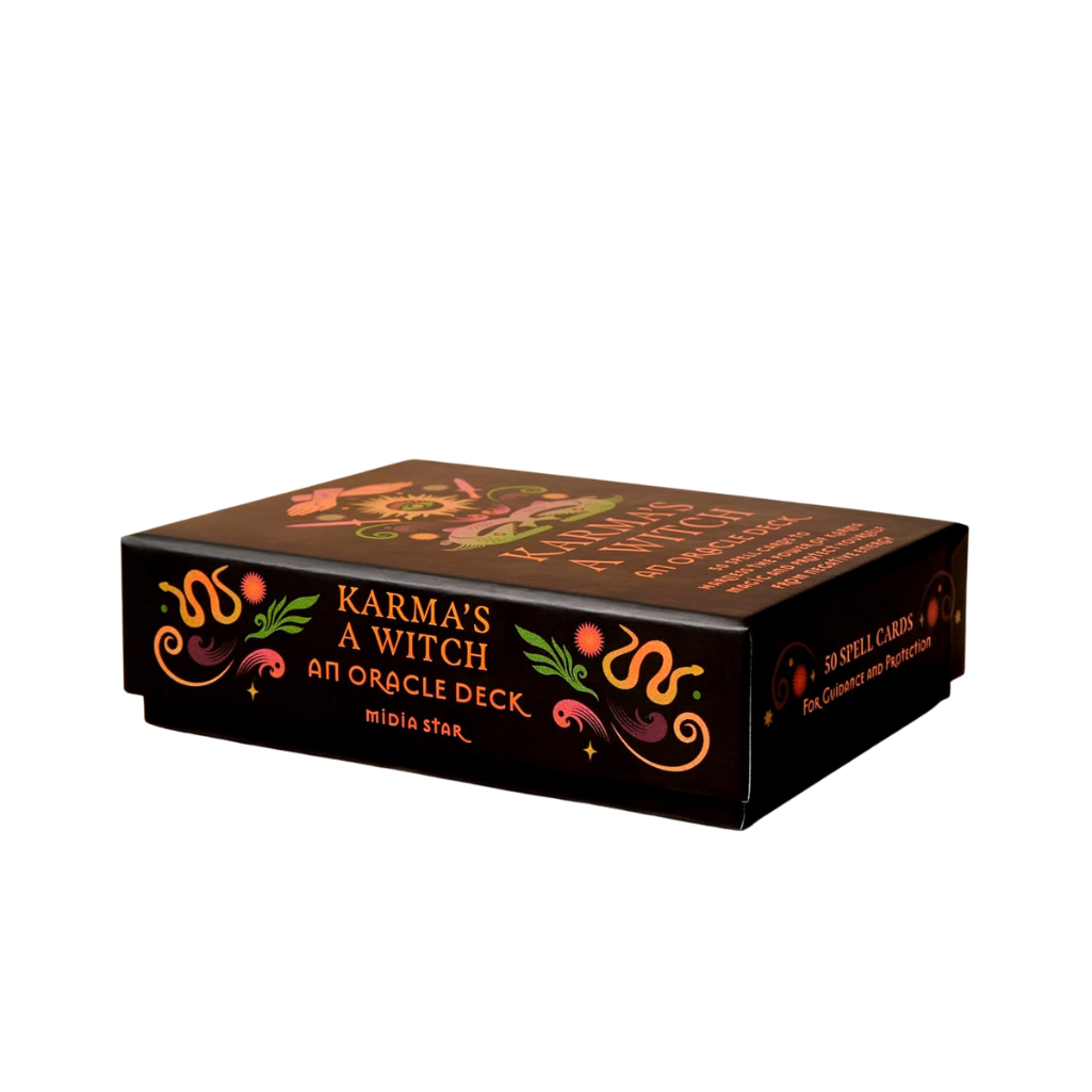 Karma's A Witch oracle deck packaging on a white background