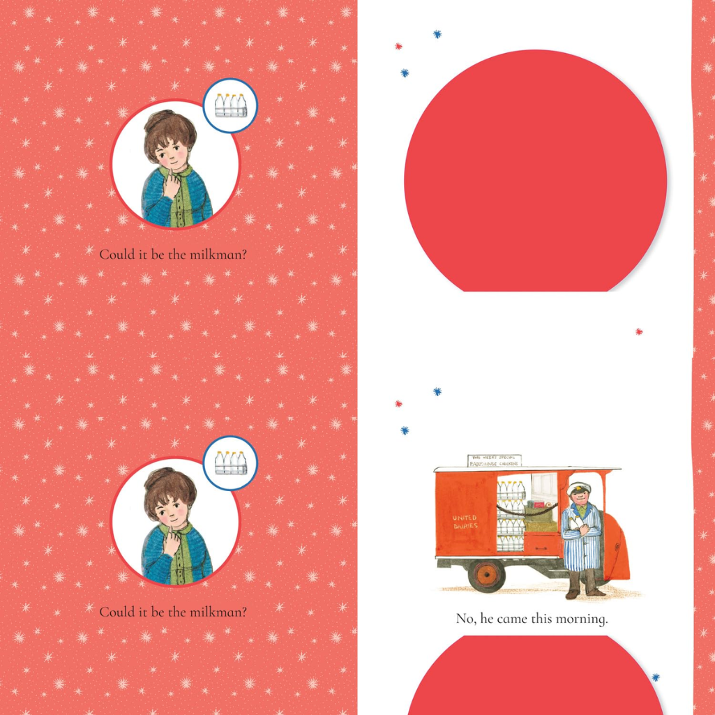Illustrated page from a children's book with a pink background and a scene of a milkman.