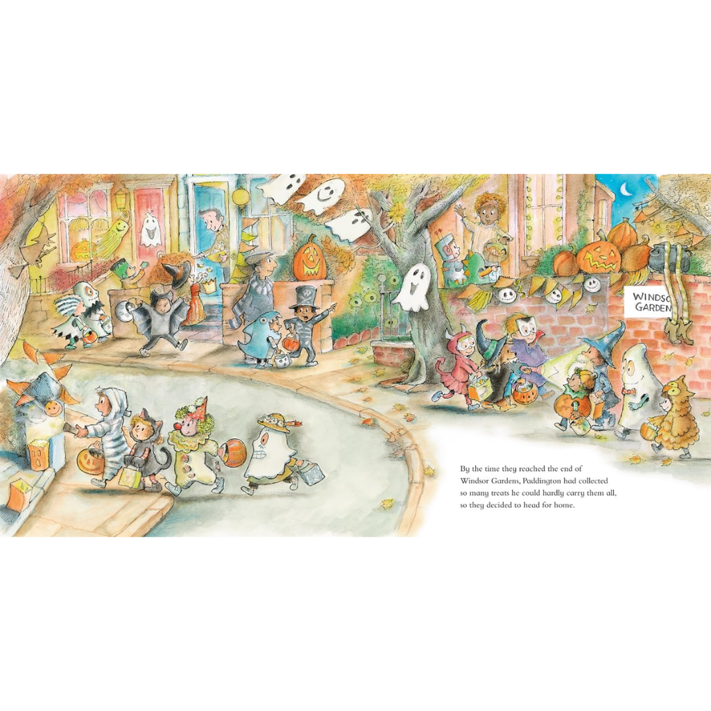Illustration of Halloween-themed scene with children in costumes and pumpkins.