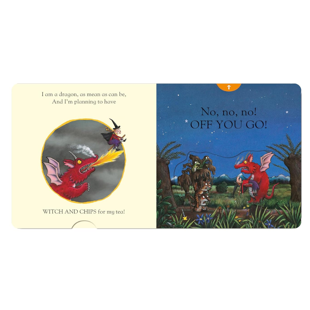 Illustrated book pages with a dragon and witch, and a character saying 'No, no, no! OFF YOU GO!'