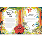Illustrated book page with a forest scene, animals, and text.