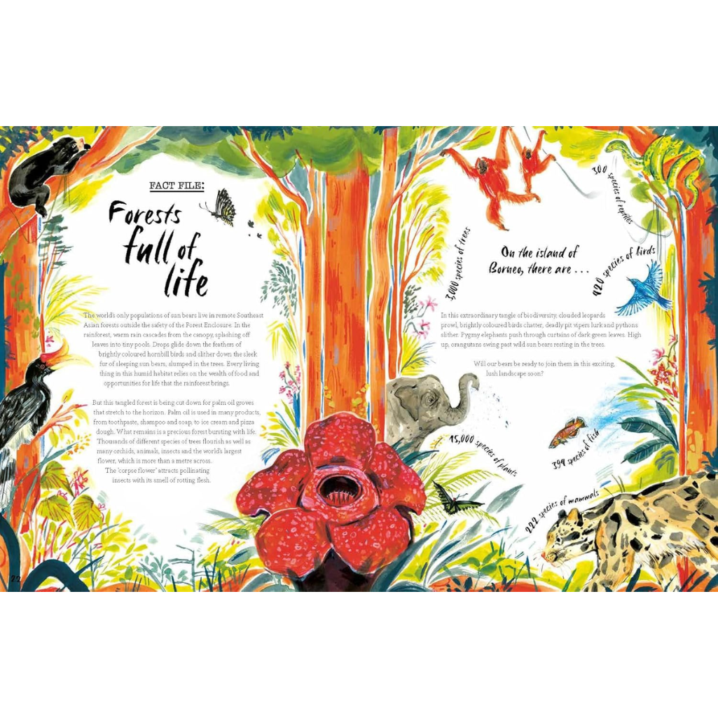 Illustrated book page with a forest scene, animals, and text.