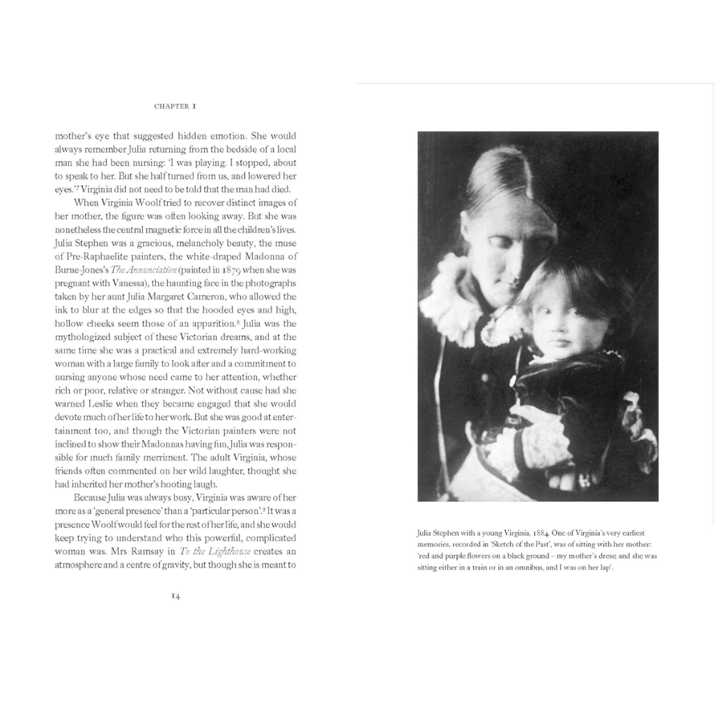 Book page with a black and white photograph of a woman holding a child, text on the left side.