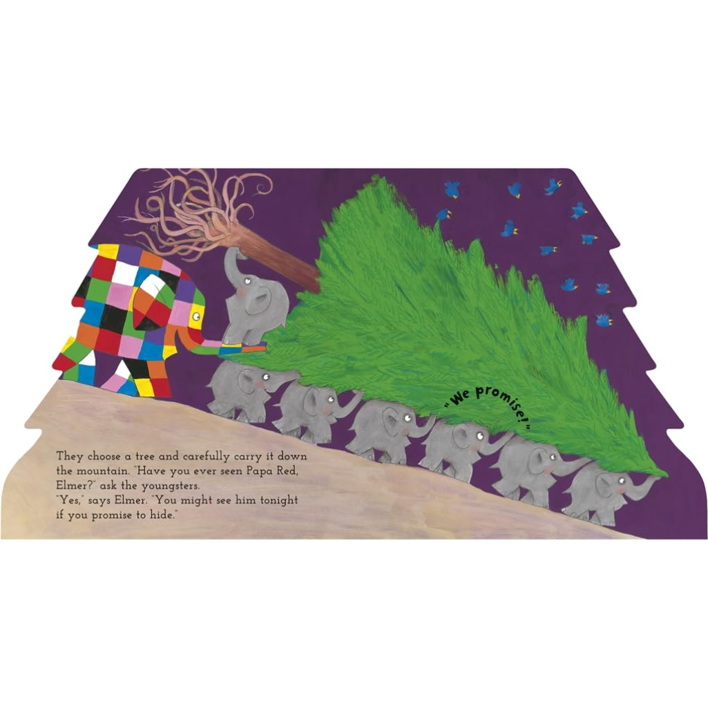 Illustration of elephants carrying a tree, with text on a purple background