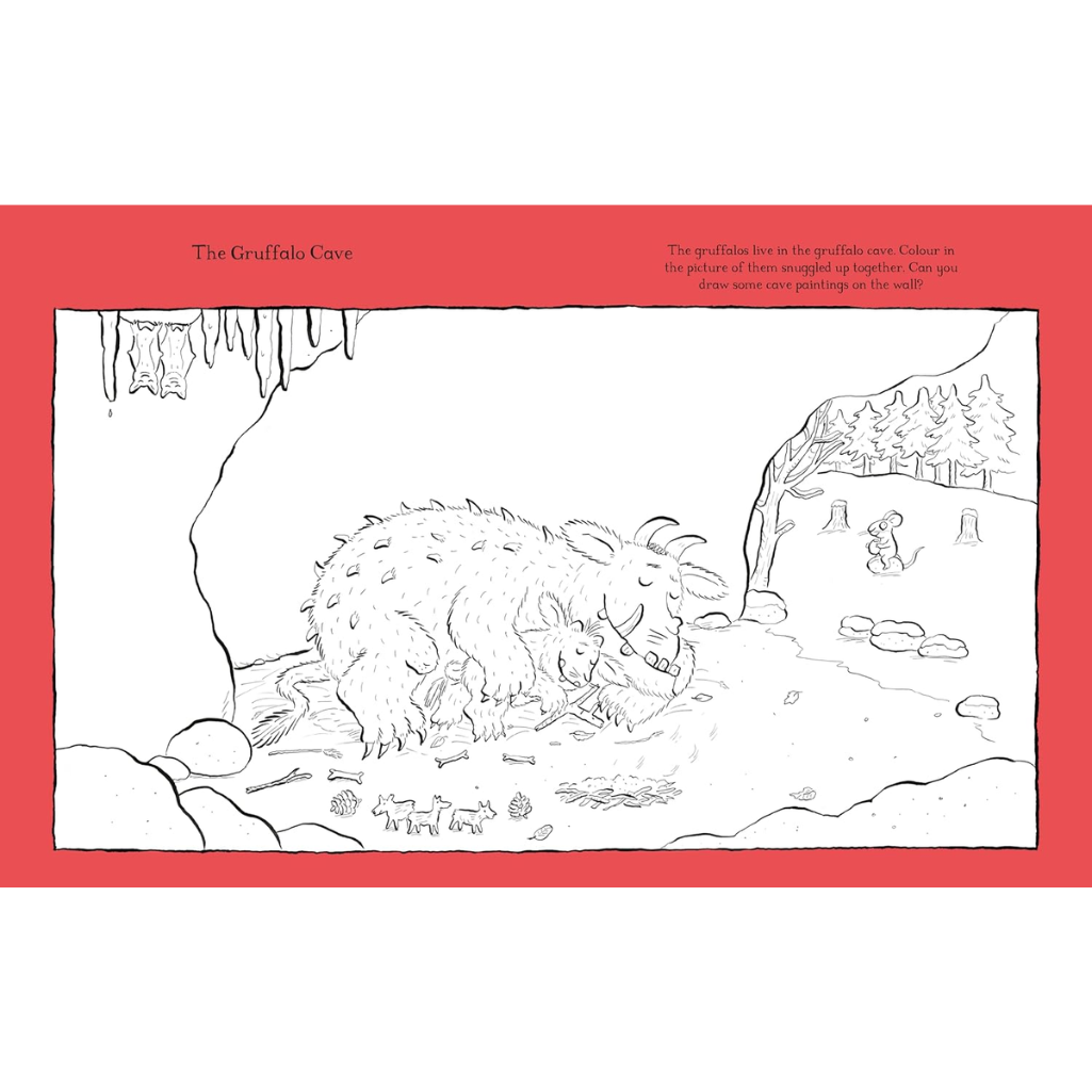 Black and white line drawing of a gruffalo in a cave with a red border.