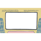 Cartoon-style window with text inside, framed by plaid curtains on a yellow background