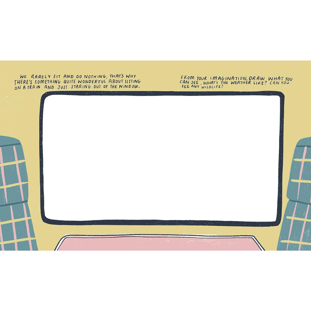 Cartoon-style window with text inside, framed by plaid curtains on a yellow background