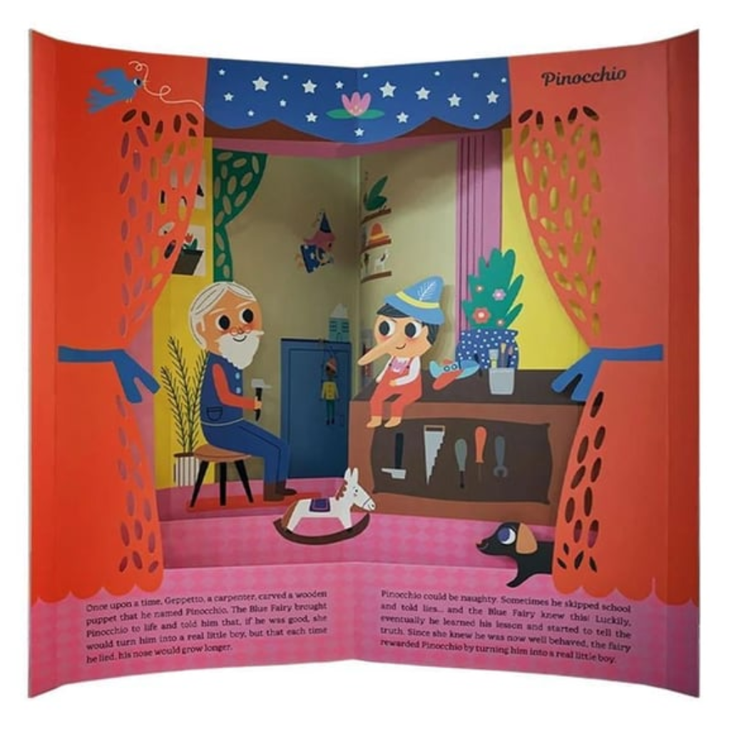 Illustrated scene from a children's book with characters and a colorful stage design.