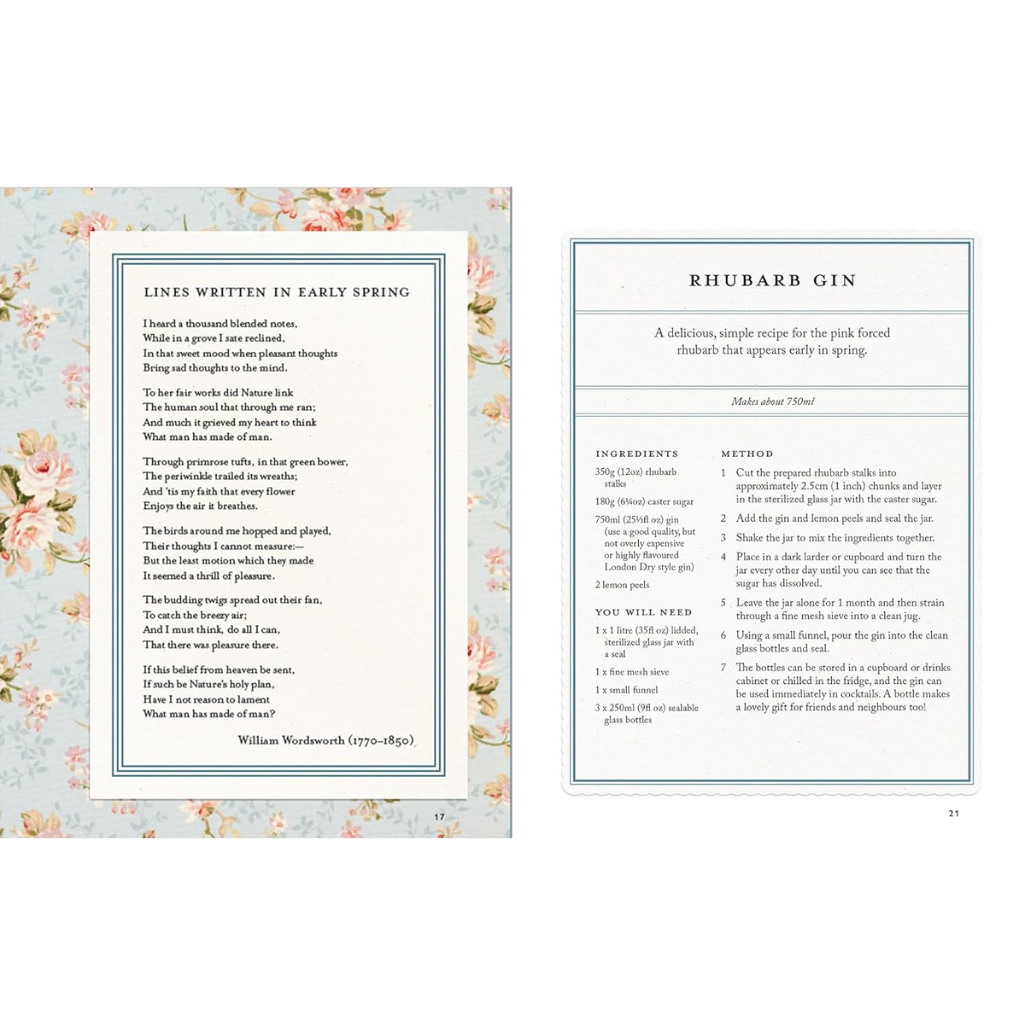 Two pages from a book with text and floral design on a light blue background