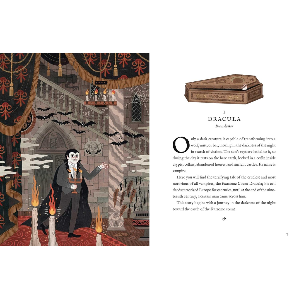 Illustration of a vampire in a gothic setting with text on a white background