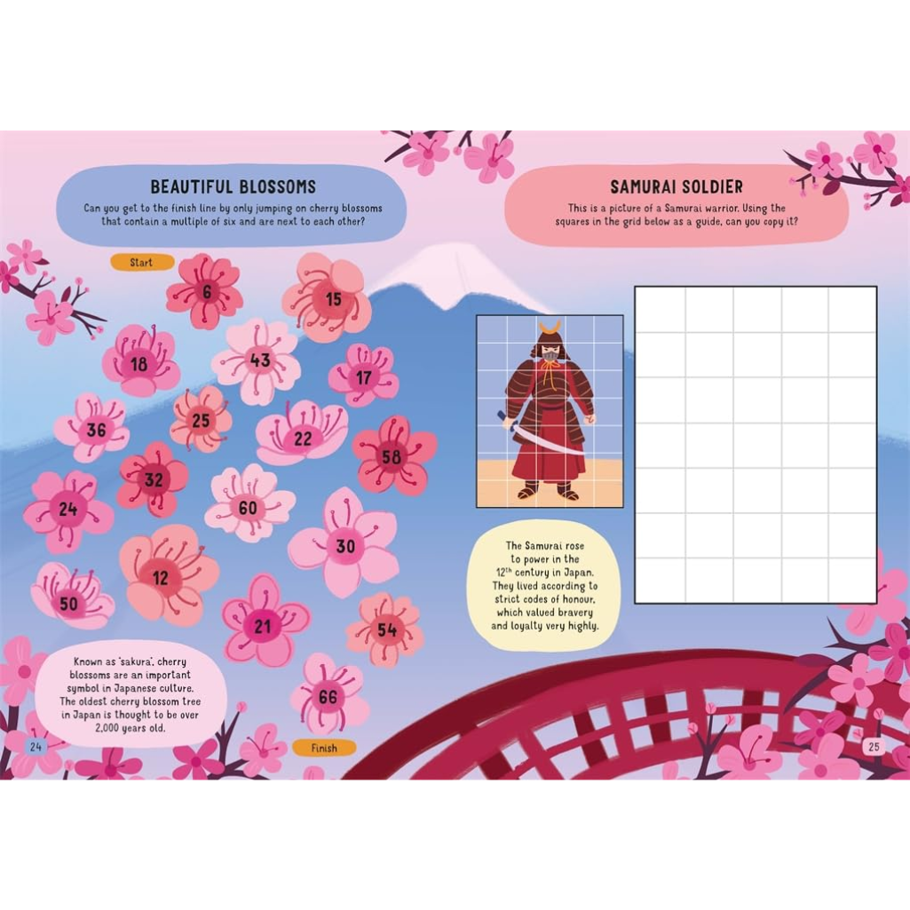 Educational page from a book about cherry blossoms and samurai soldiers with illustrations and text.