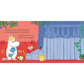 Illustration of Moomintroll and Snorkmaiden on a red background with a blue veranda.