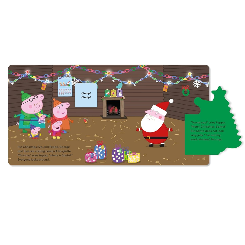 Illustration of Santa Claus and children in a Christmas scene with presents and decorations.