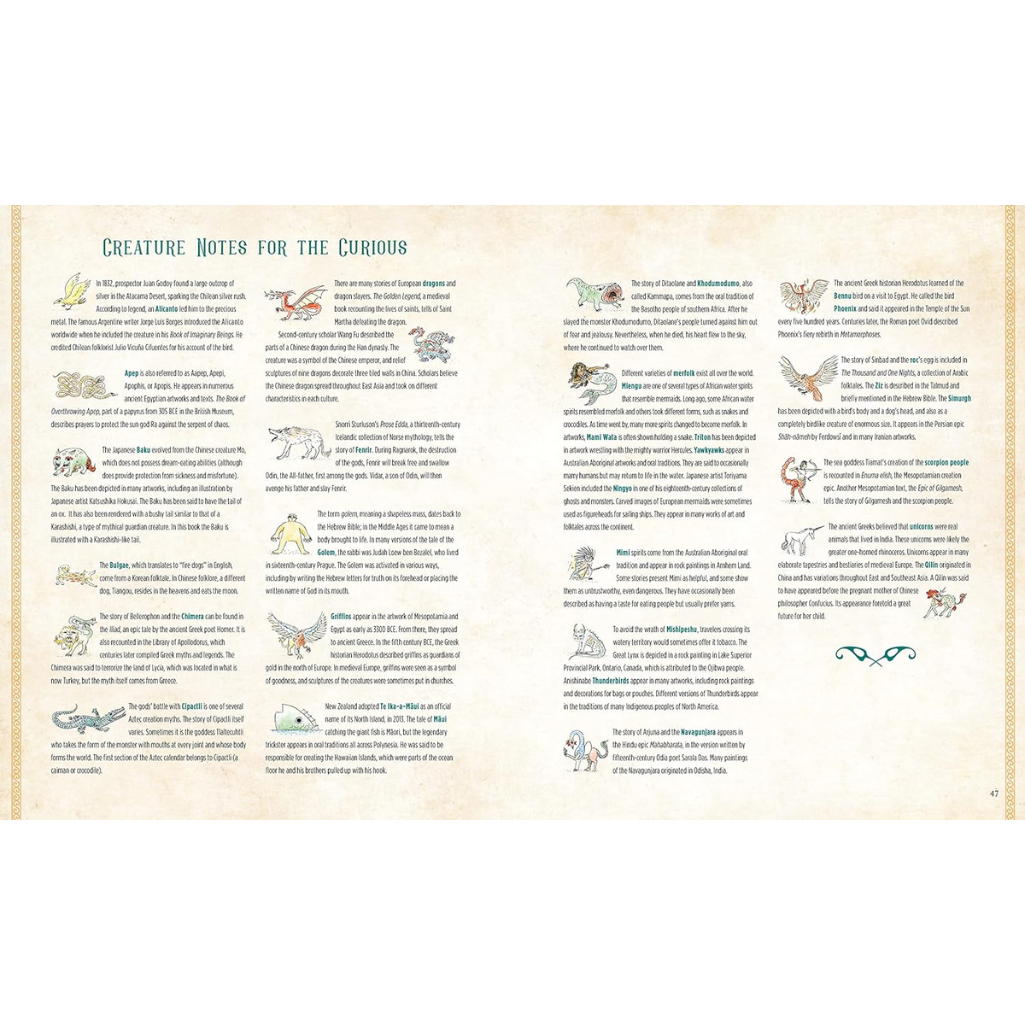 Book page with creature notes and illustrations on a beige background