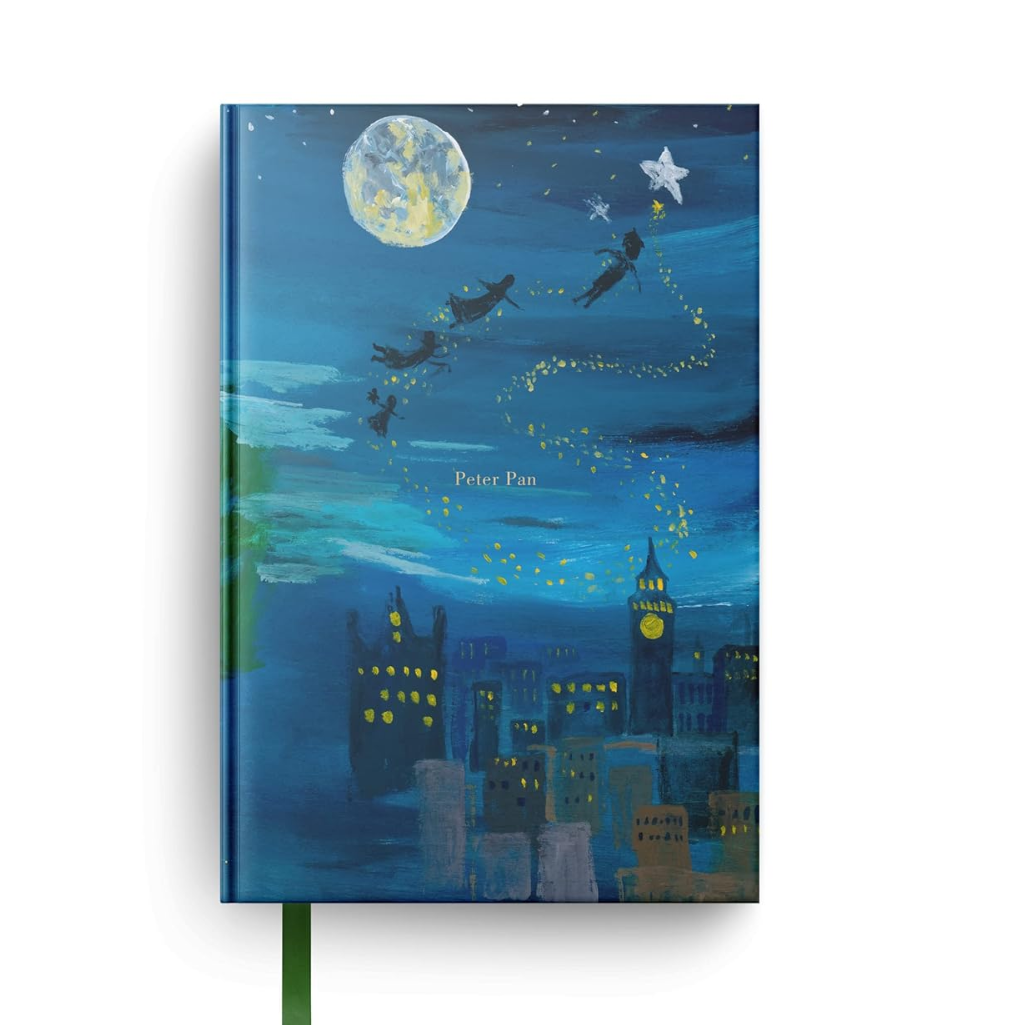 Notebook cover with Peter Pan and Wendy flying over a cityscape at night.