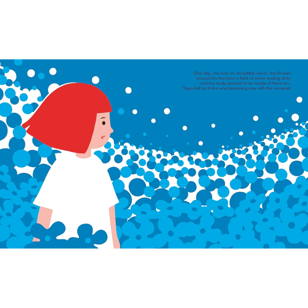 Illustration of a girl with red hair looking at a field of blue flowers on a blue background.