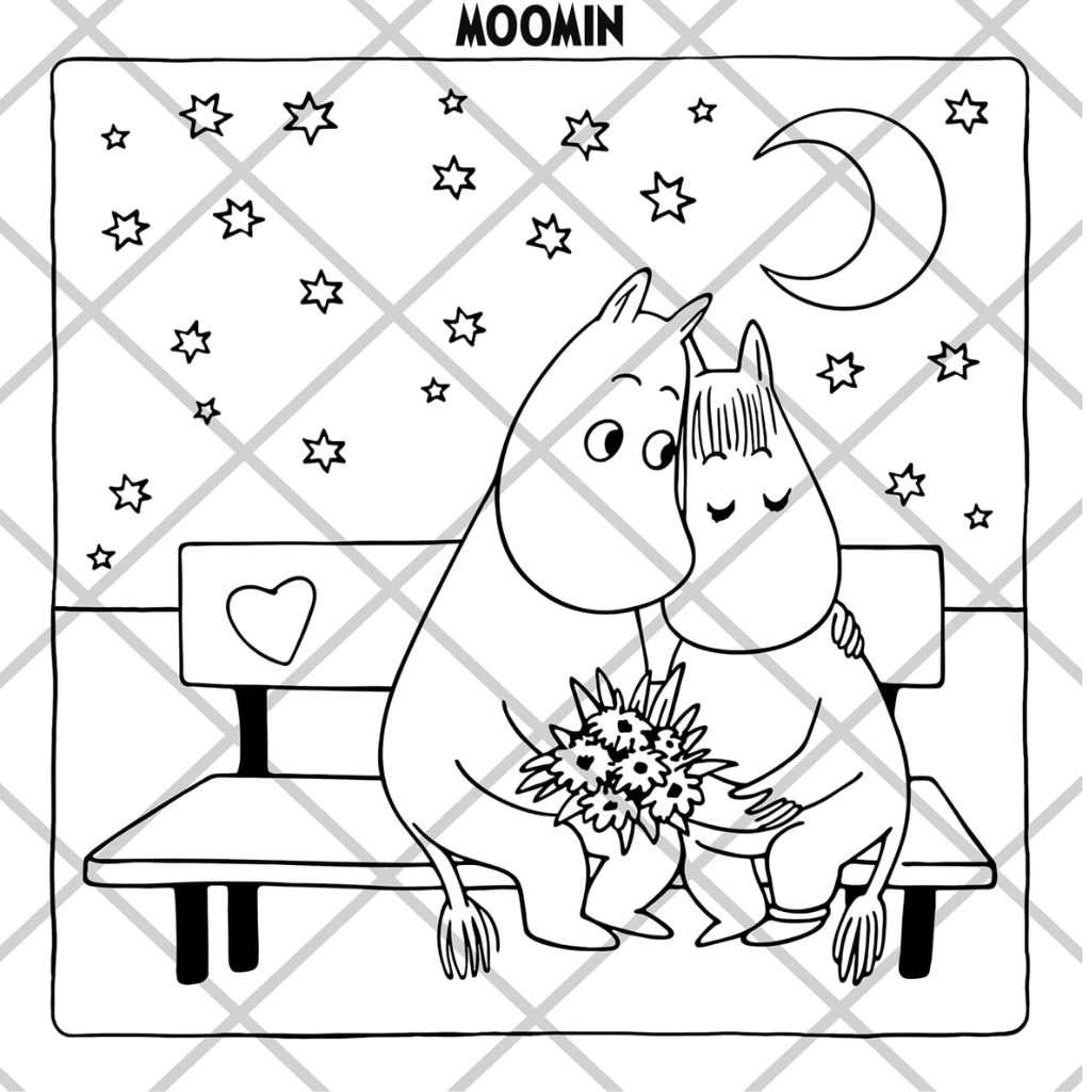 Two cartoon characters sitting on a bench under a starry sky with 'Moomin' branding.
