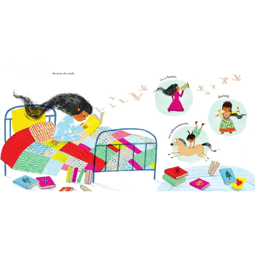 Illustration of a child reading a book in bed with a colorful quilt, surrounded by small circular illustrations of the child doing different activities.