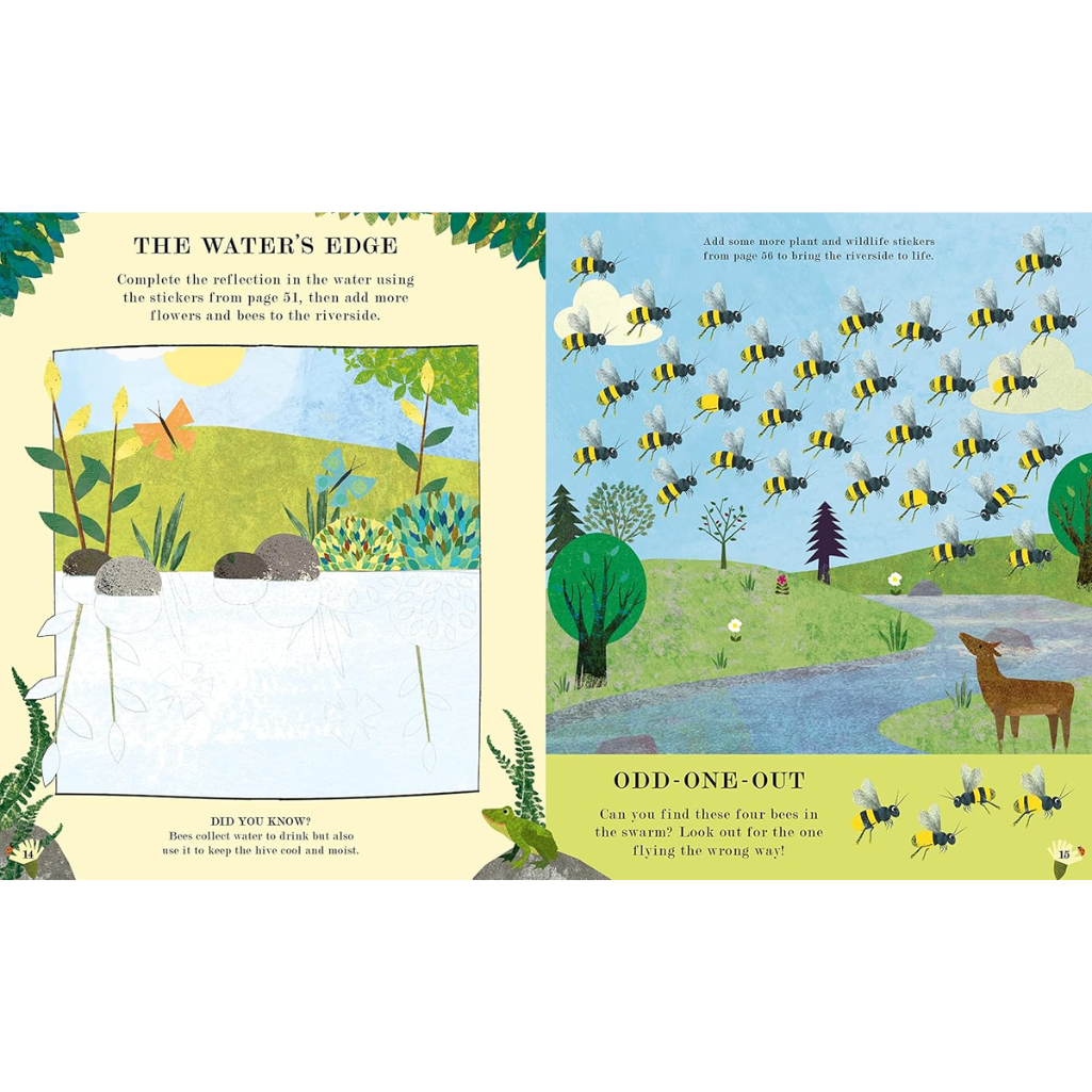 Illustrated book page with a river scene, bees, and a deer.