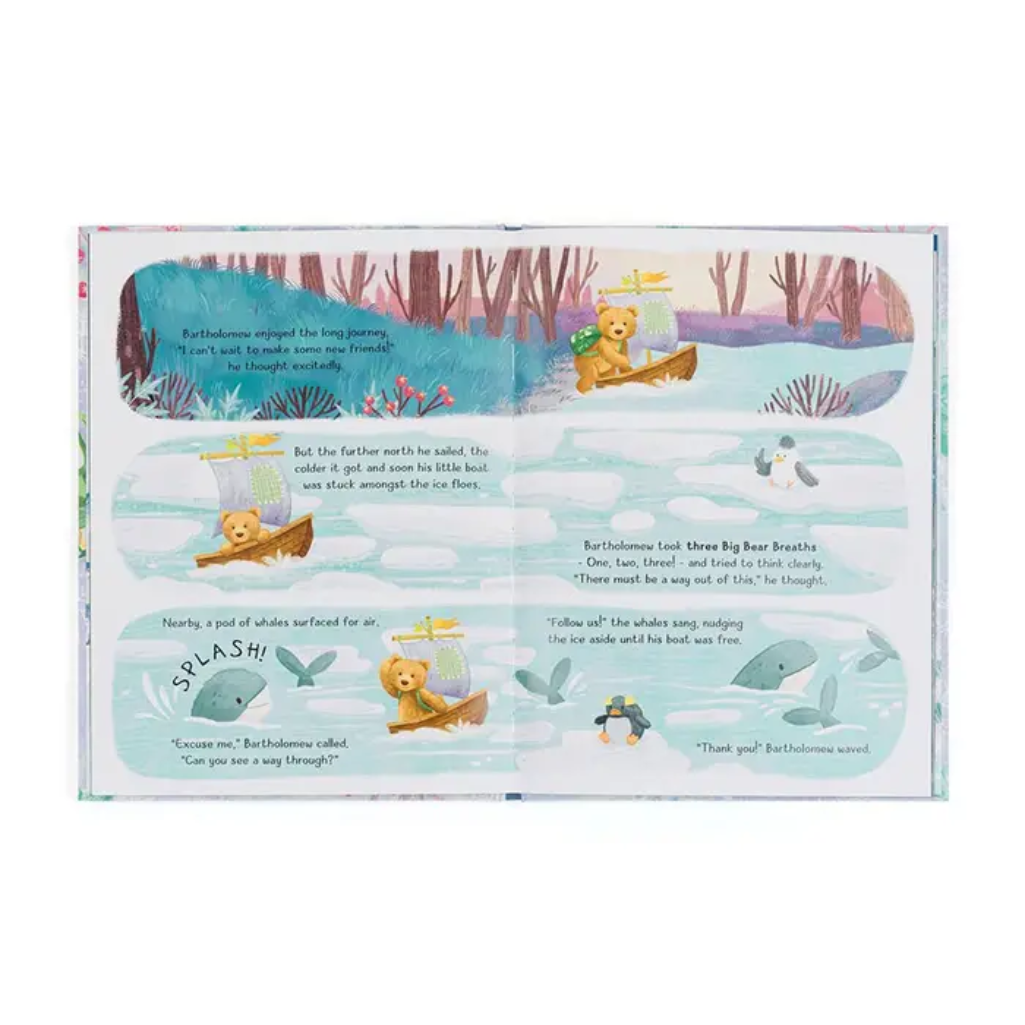 Illustrated book page with a bear and whale in a snowy landscape