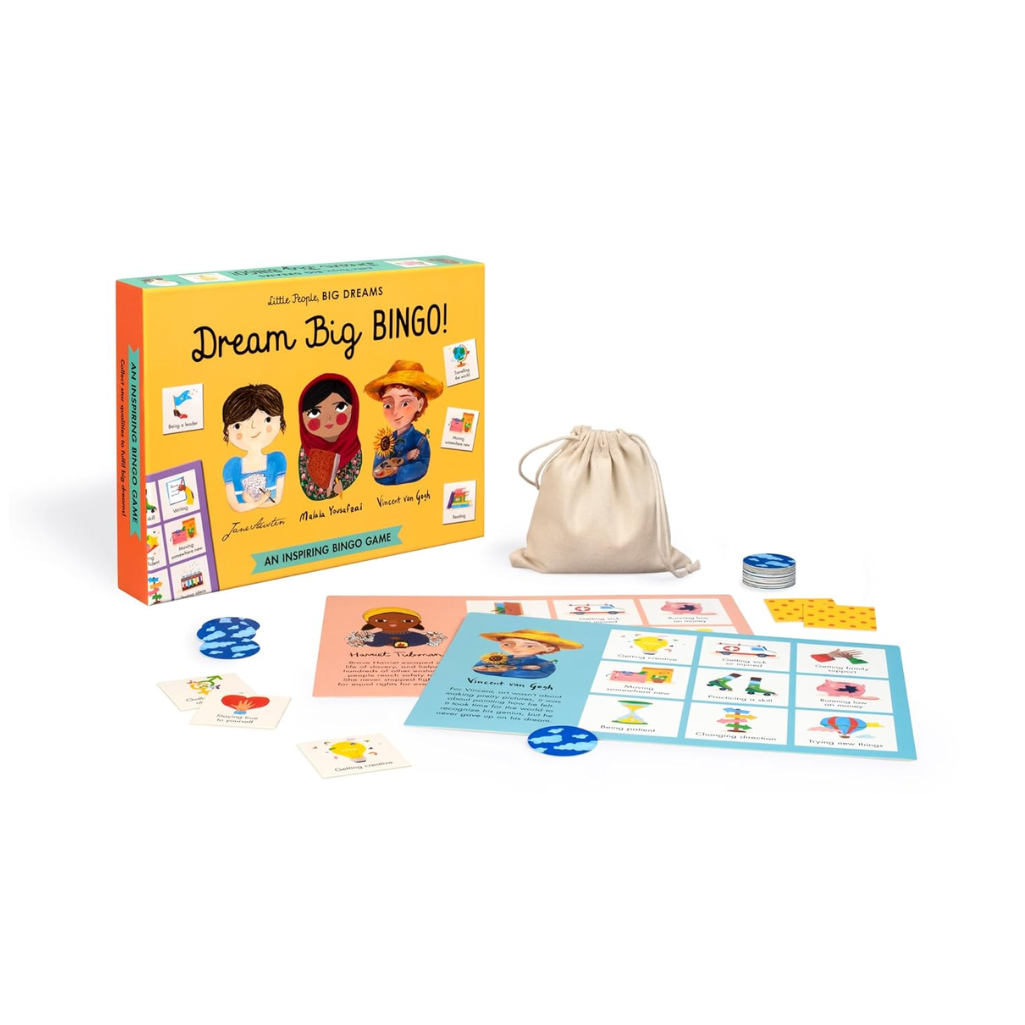 Dream Big Bingo game set with cards, dice, and drawstring bag on a white background