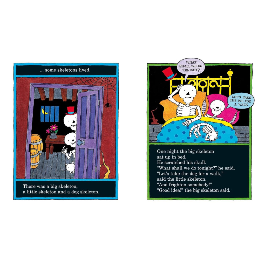 Two cartoon panels with skeletons in a room and on a bed, featuring text.