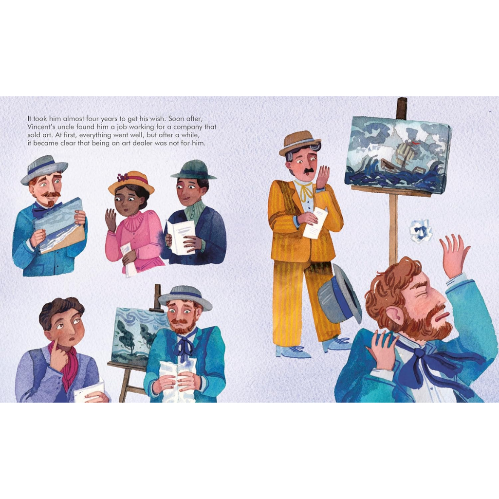 Illustrated scene with people and an artist painting a ship, set against a white background.