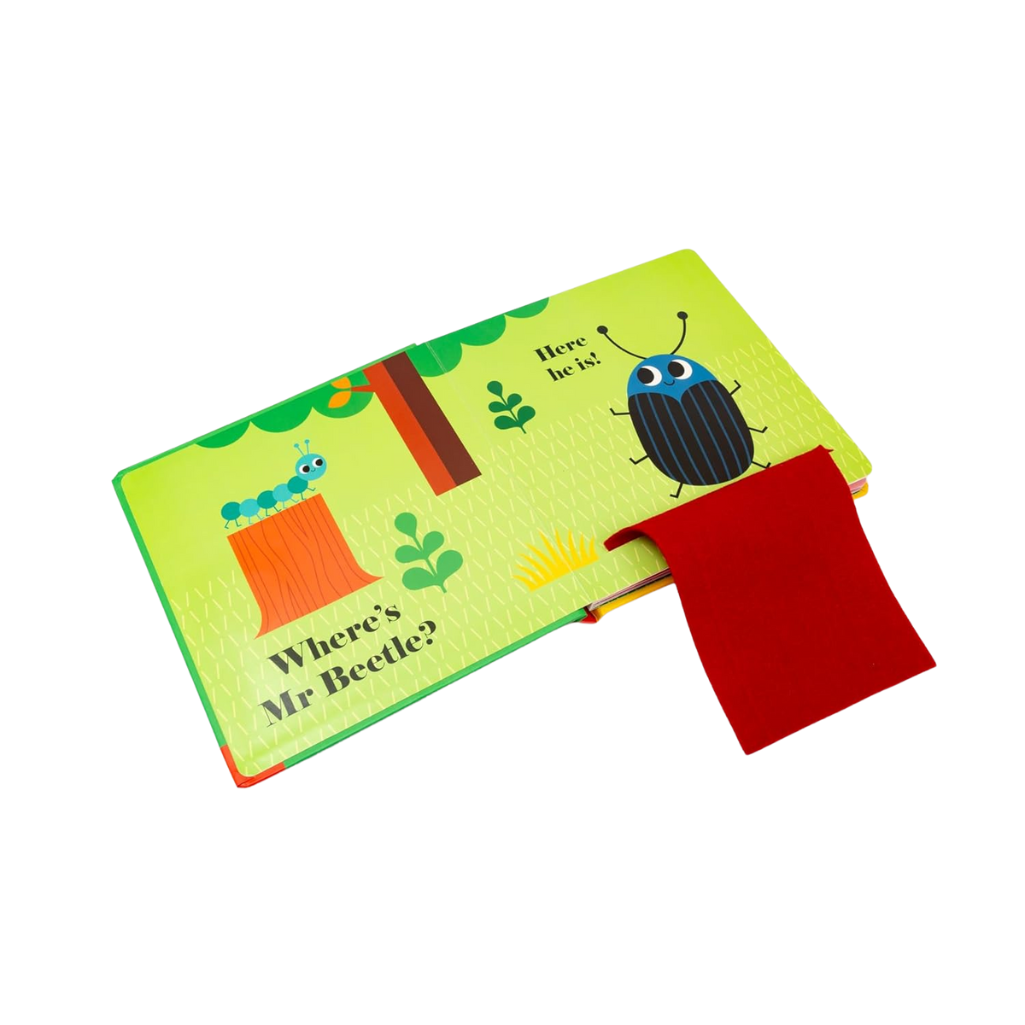 Children's book with a colorful design featuring a beetle and a red pocket on a white background