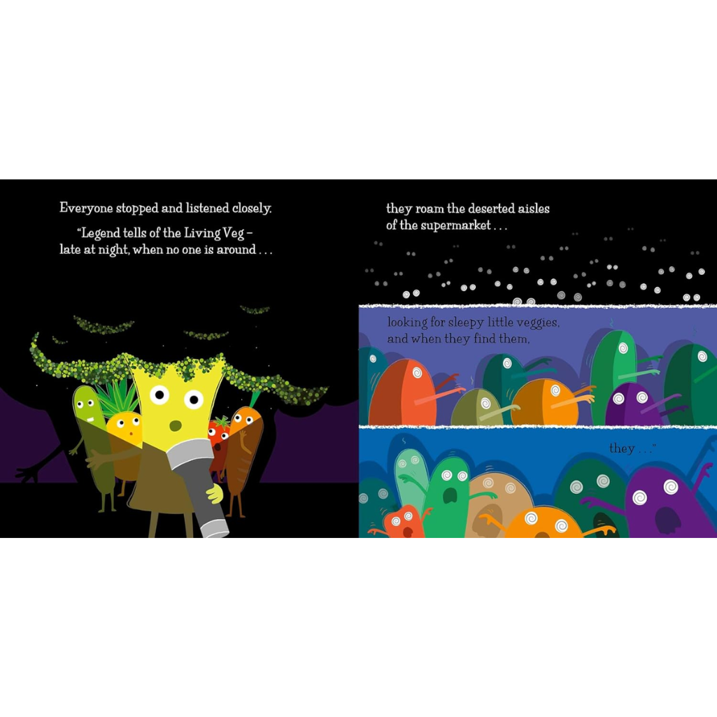 Illustrated book page with colorful characters and text about a 'Living Veg' in a supermarket.