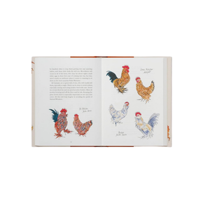 Open book with illustrations of chickens on a white background