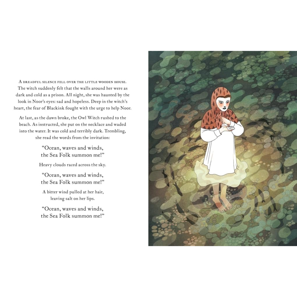 Illustration of a woman in a white dress with a red headscarf, standing in a forest with text on a white background.