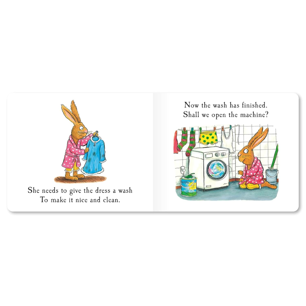 Cartoon of two bunnies near a washing machine with text about laundry.