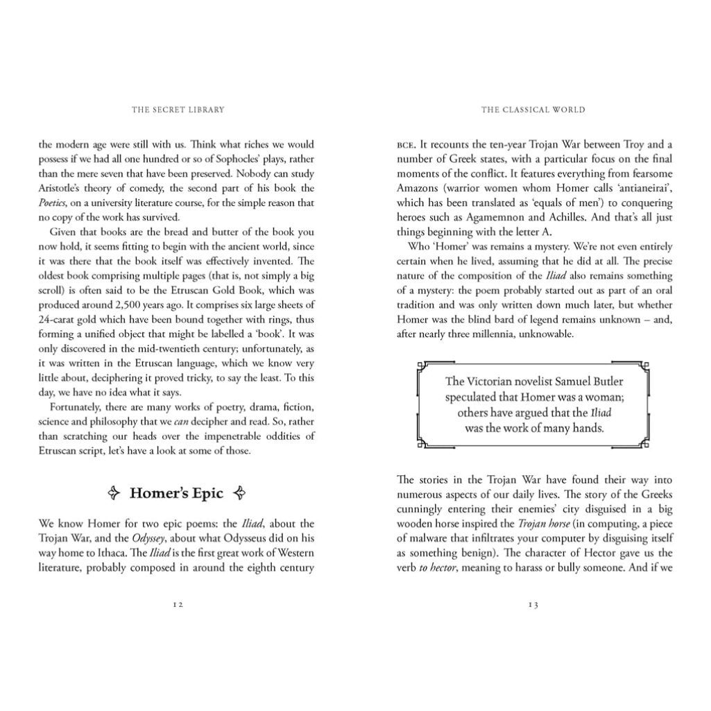 Text pages from a book with 'The Secret Library' and 'The Classical World' sections.