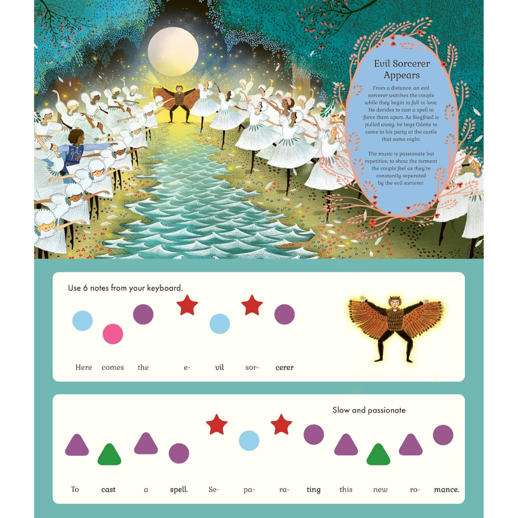 Illustrated book page with a fairy tale scene, musical notes, and character illustration.