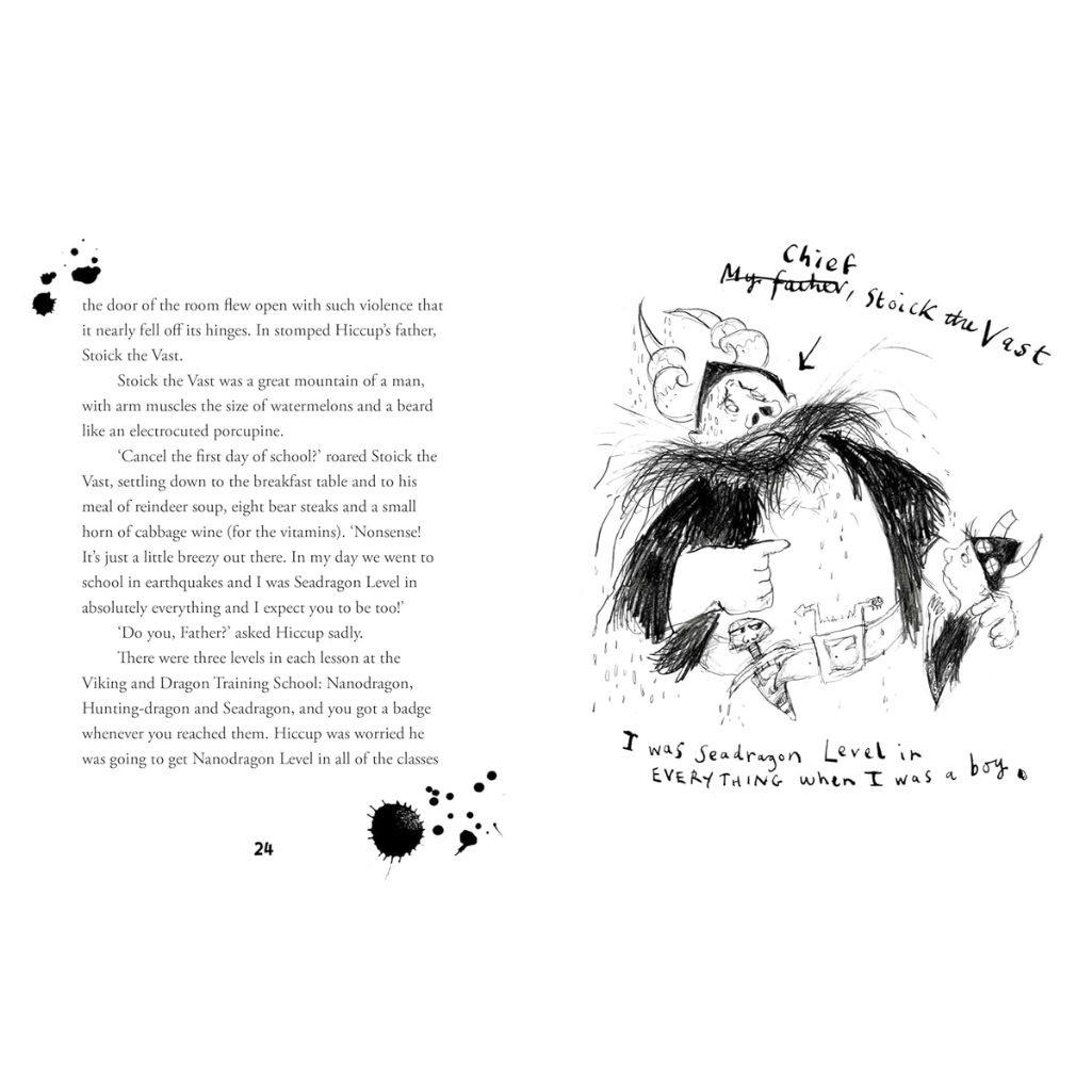 Illustrated page from a book with a character and text on a white background