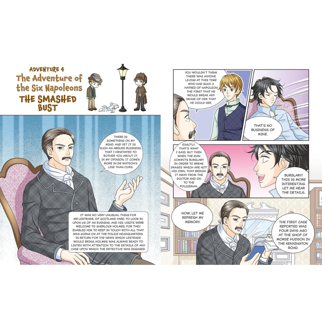 Comic book page with characters and dialogue boxes on a white background