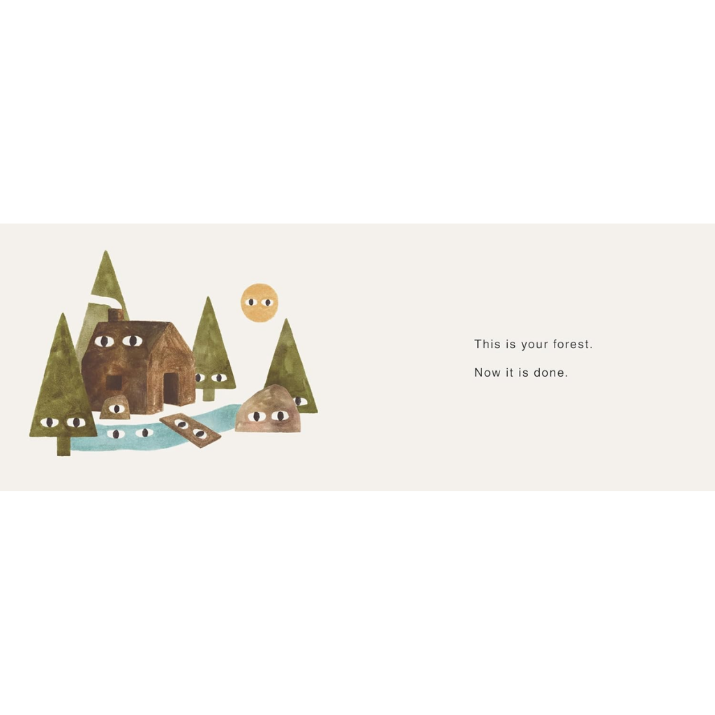 Illustration of a forest with trees and a house, featuring text on a white background.