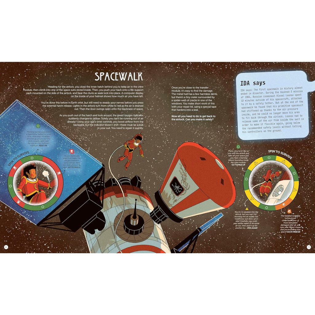 Illustration of a spacewalk scene with astronaut and equipment on a brown background