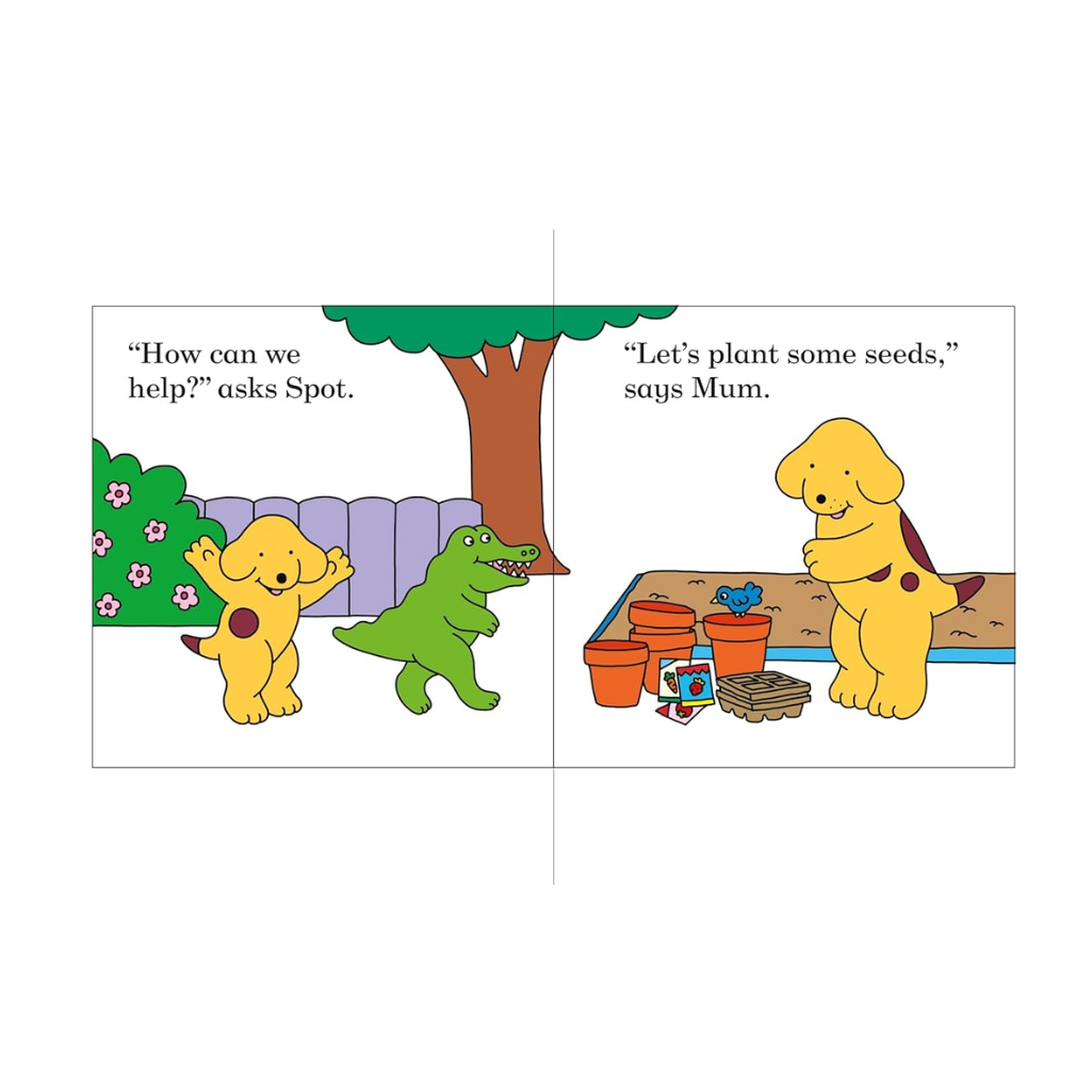 Illustration from a children's book with Spot and a dinosaur character near a tree and pots.