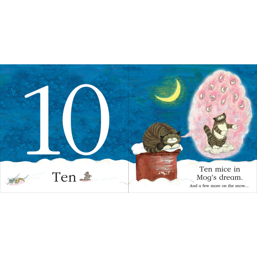 Illustration from a children's book showing 'Ten' with a cat and mice on a snowy night.