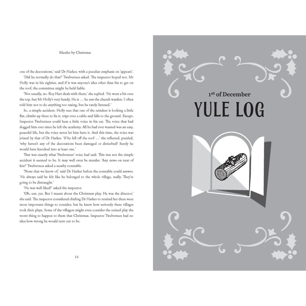 Page from a book with text and a Yule log illustration on a gray background