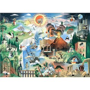Multicolored illustration with various scenes including a volcano, ship, and people in different activities.